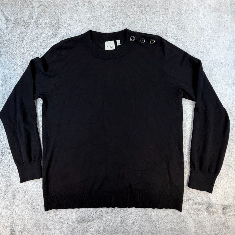 Raya by Cyrus Black Knit Crewneck Sweater Women’s L Shoulder Buttons